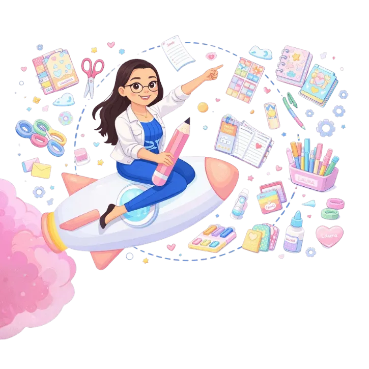 Personagem criativa voando em foguete rodeada de itens de papelaria personalizada